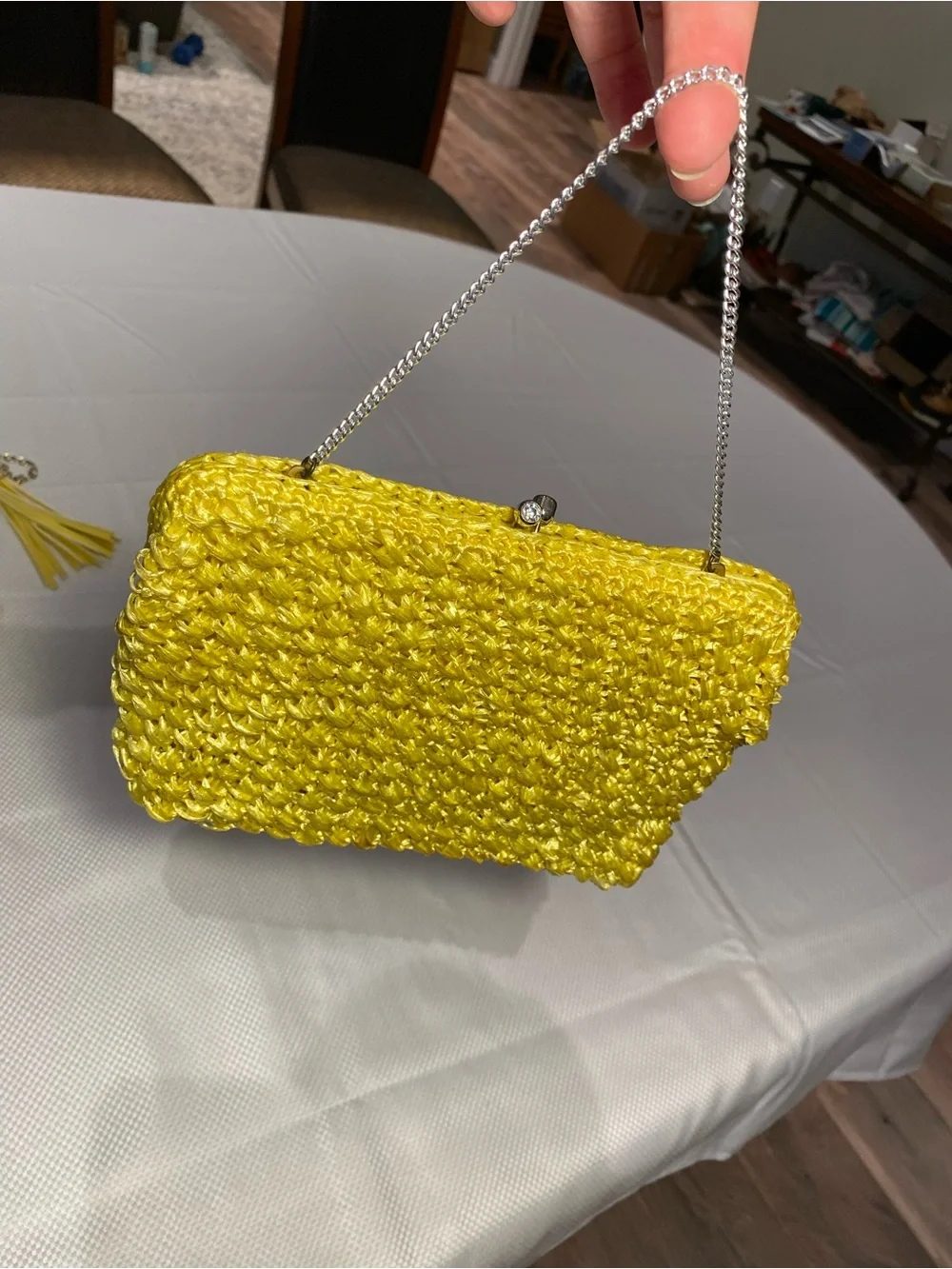Vintage Yellow Woven Shoulder Bag by Snassee made in Japan w/chain handle